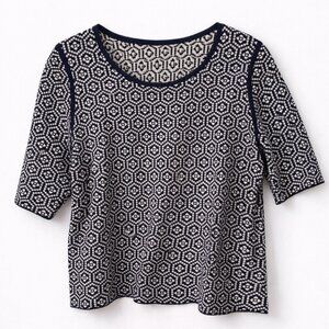 Classiques Entier Navy Geo Print Knit Top Short Sleeve Stretch Blouse XL